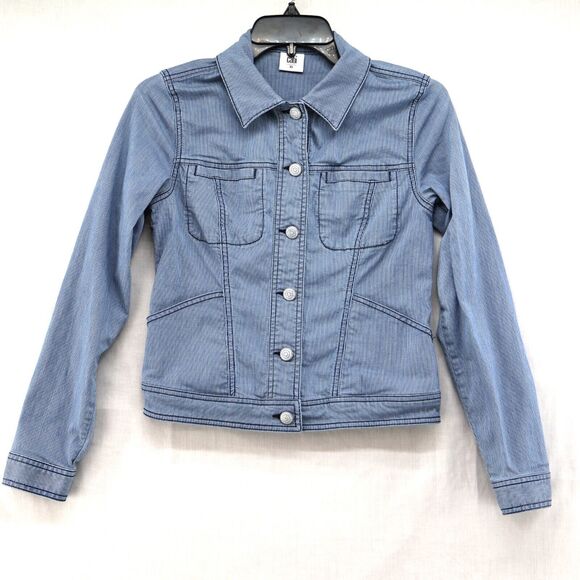 CAbi Stretch Denim Jean Jacket Size XS Blue & White Striped Decorative Buttons - Picture 1 of 7